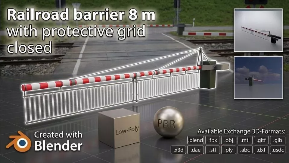 Railway Crossing Barrier 8 m with protective grid closed Low-poly 3D model