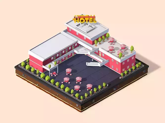 Cartoon Low Poly Hotel Low-poly 3D model