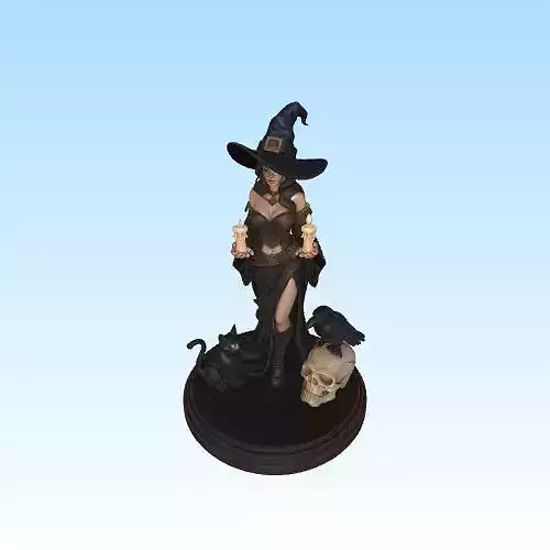 3803  Witch with Cat Monster and Raven  COLOR 3D Figurine