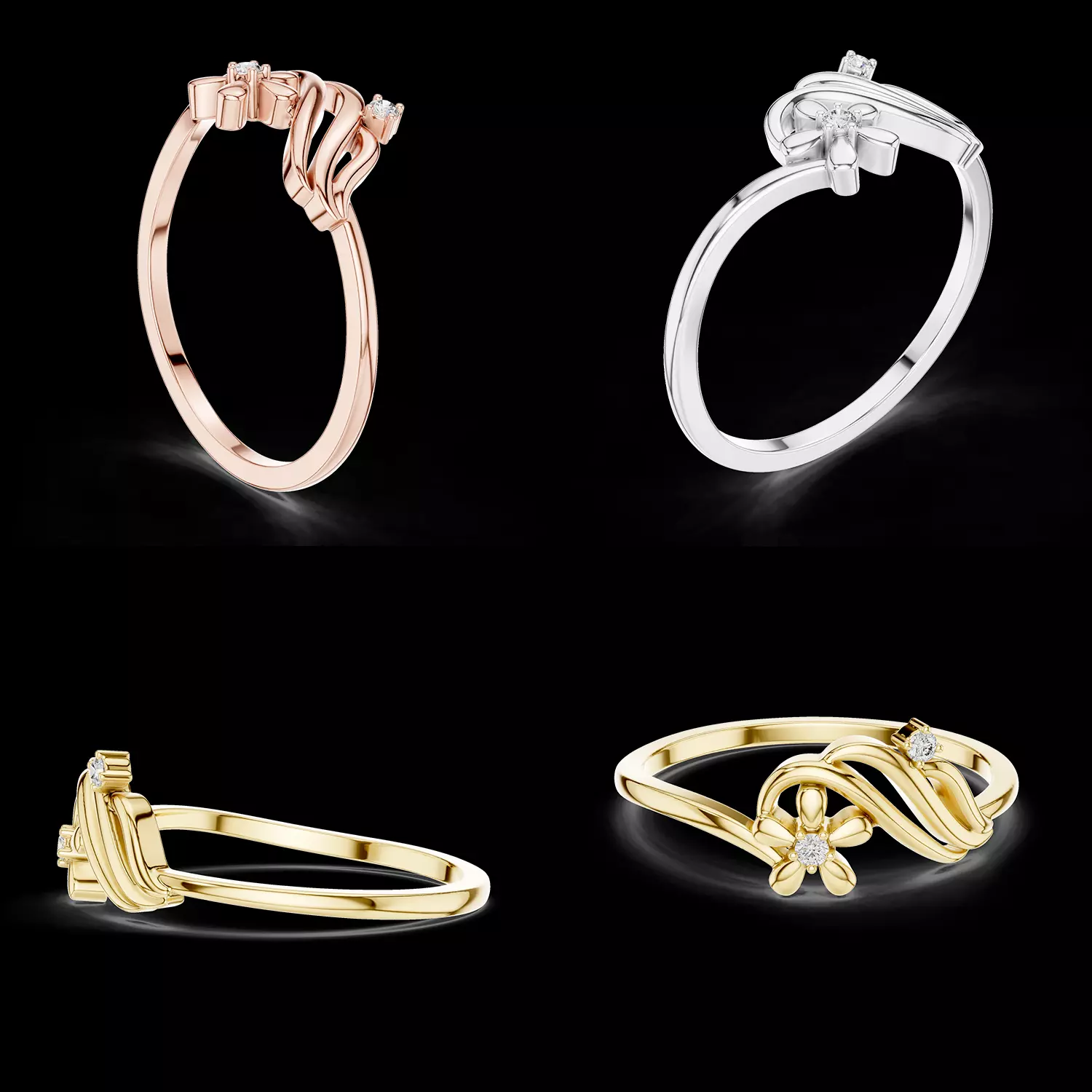 Elegant Floral Wave Diamond Ring 3D Model Jewelry CAD STL 3D print model