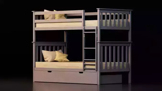 Modern Wooden Bunk Bed with Storage 3D model 2