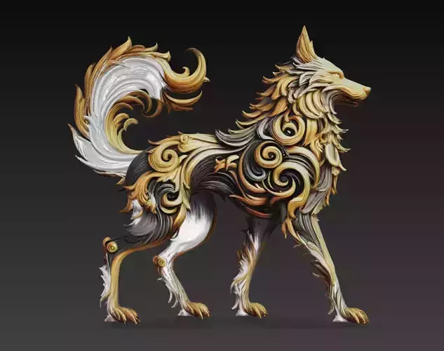 Ornamental Fantasy Wolf Sculpture 3D Model