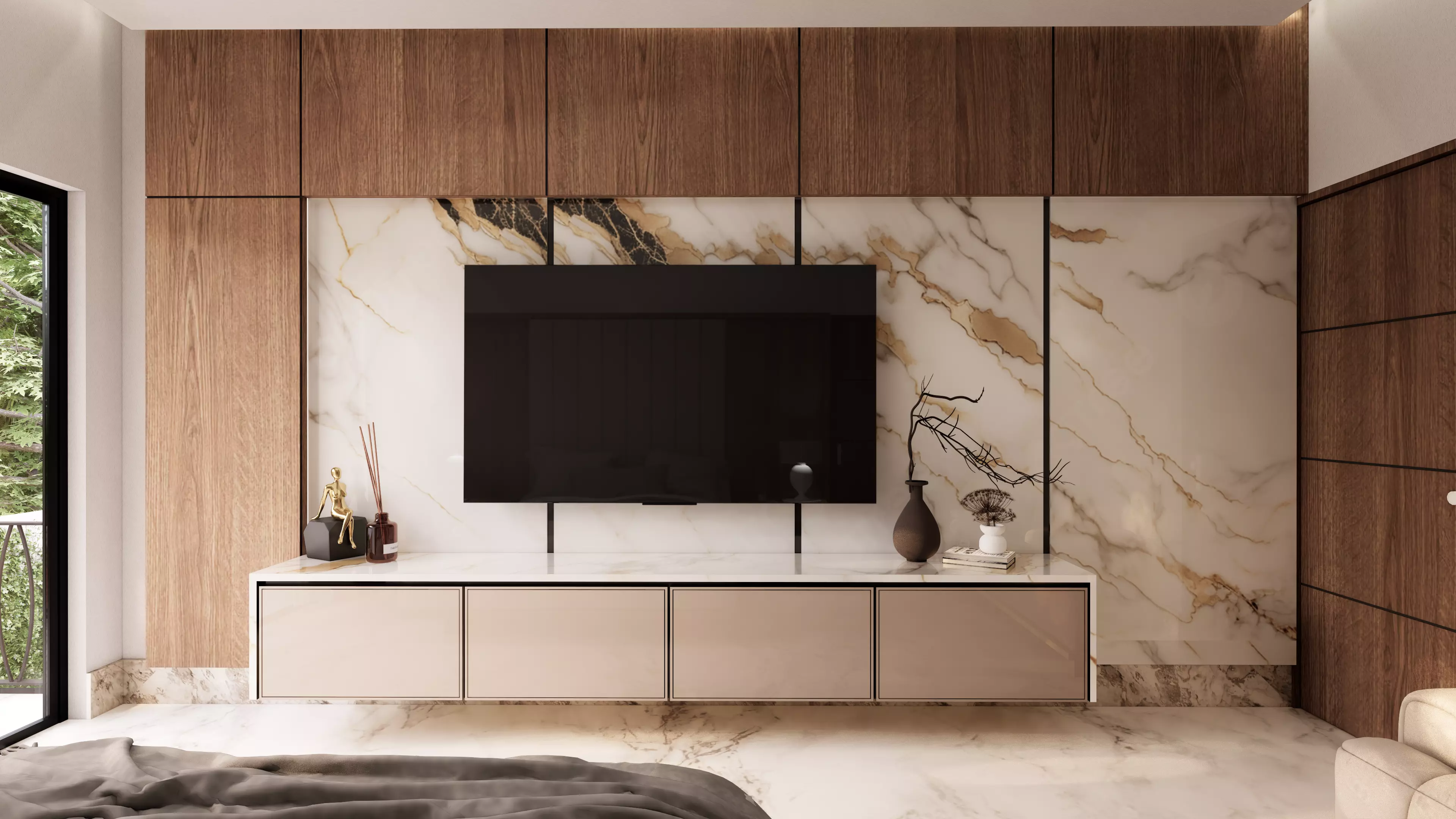 Modern TV Wall Unit with Marble Panel Low-poly 3D model