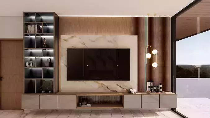 Modern TV Wall Unit with Bookshelf and Marble Panel