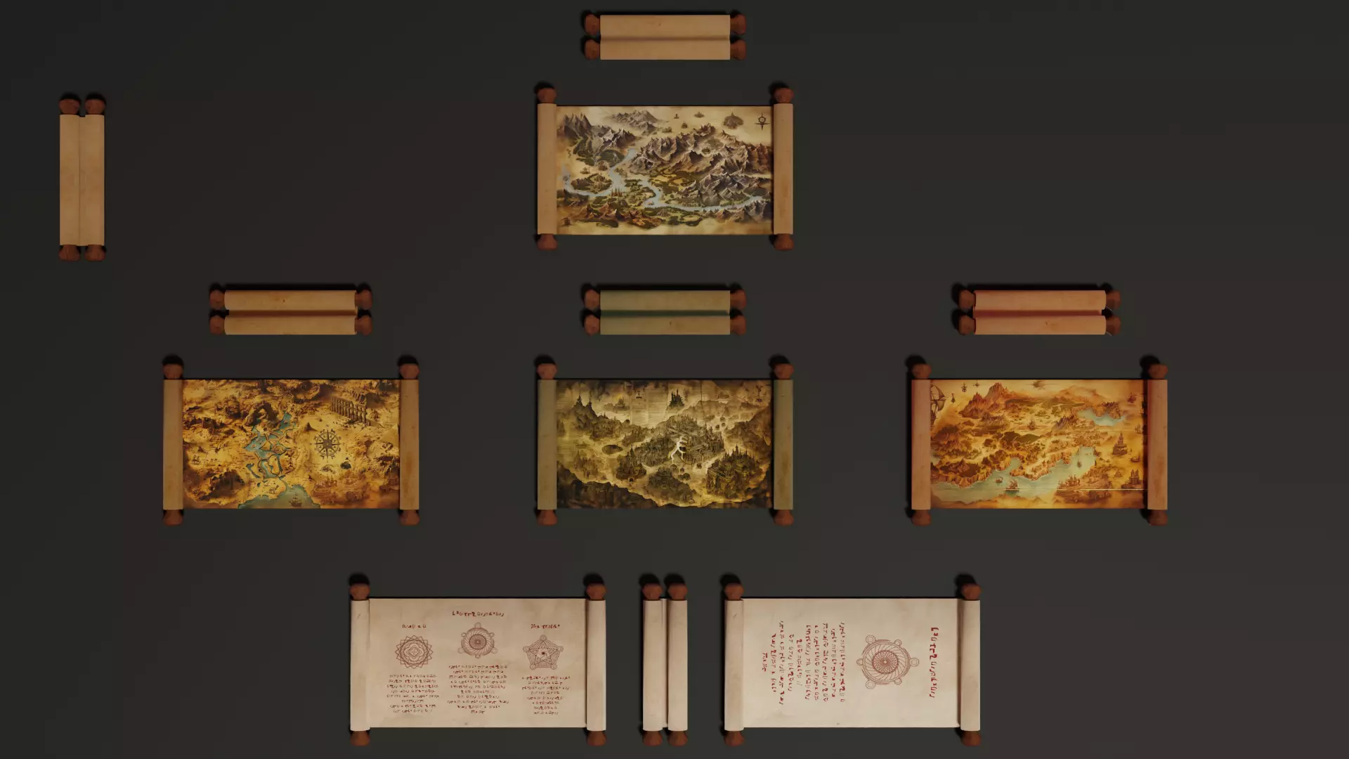 Ancient Fantasy World Map and Magic Spell Scroll Pack Low-poly 3D model