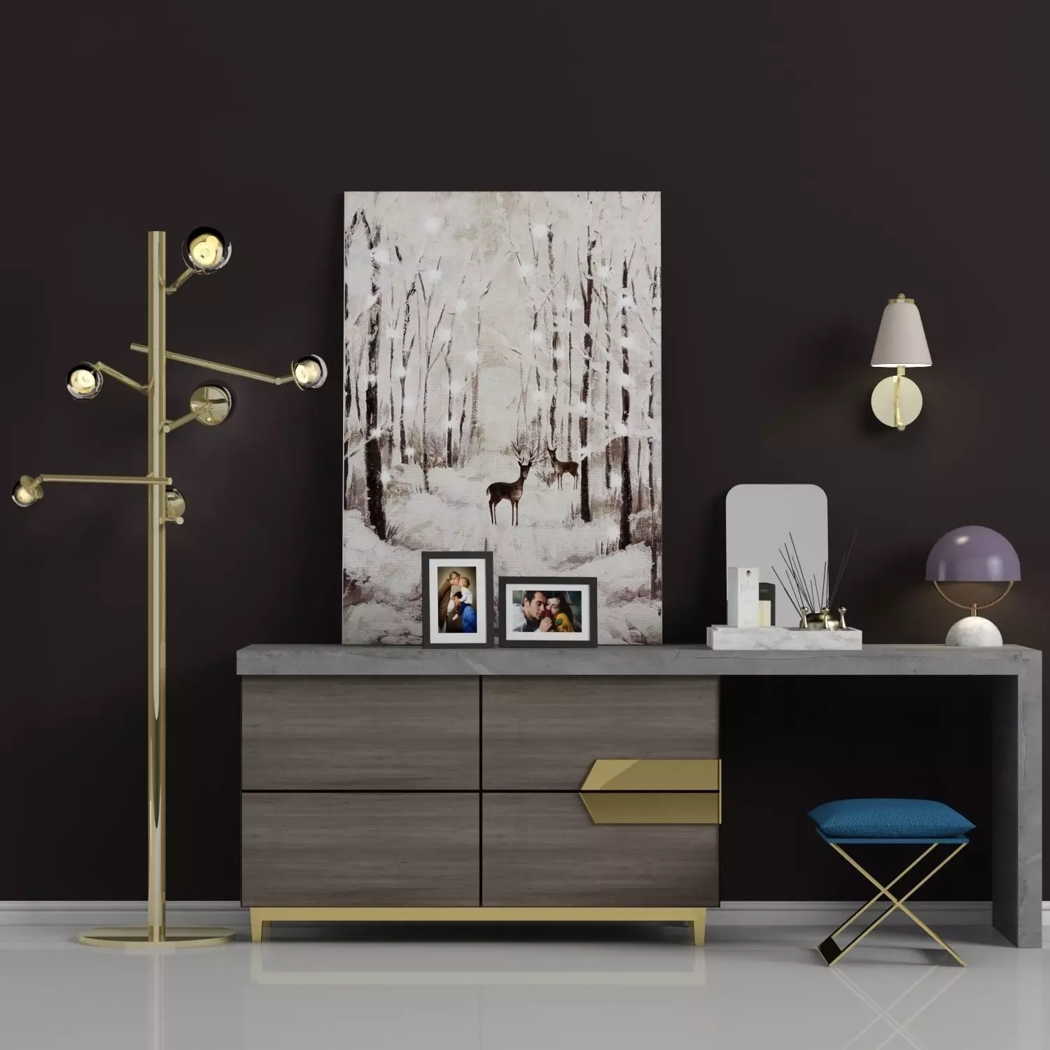 Decorative set modern dresser gold 3D model_0