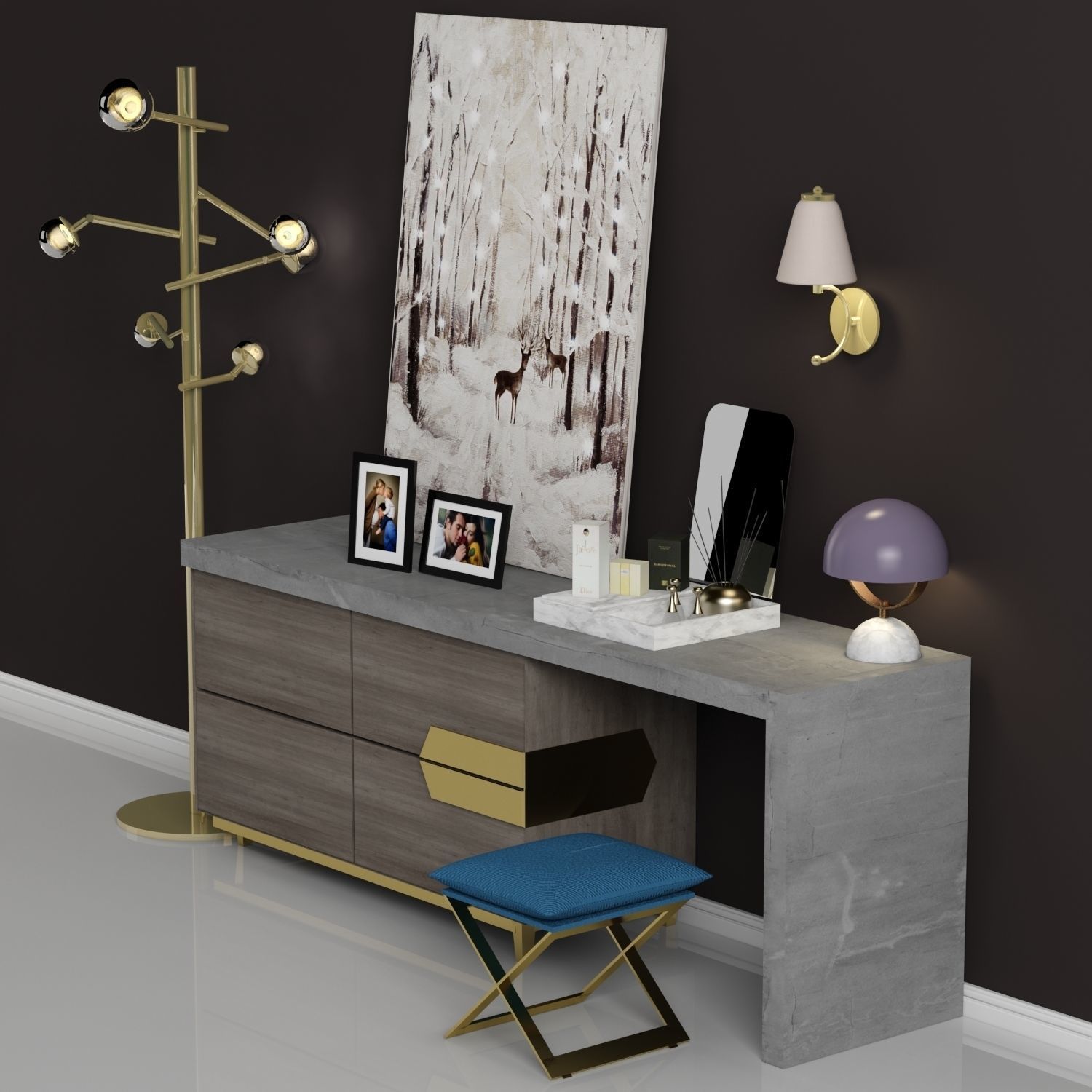 Decorative set modern dresser gold 3D model_1