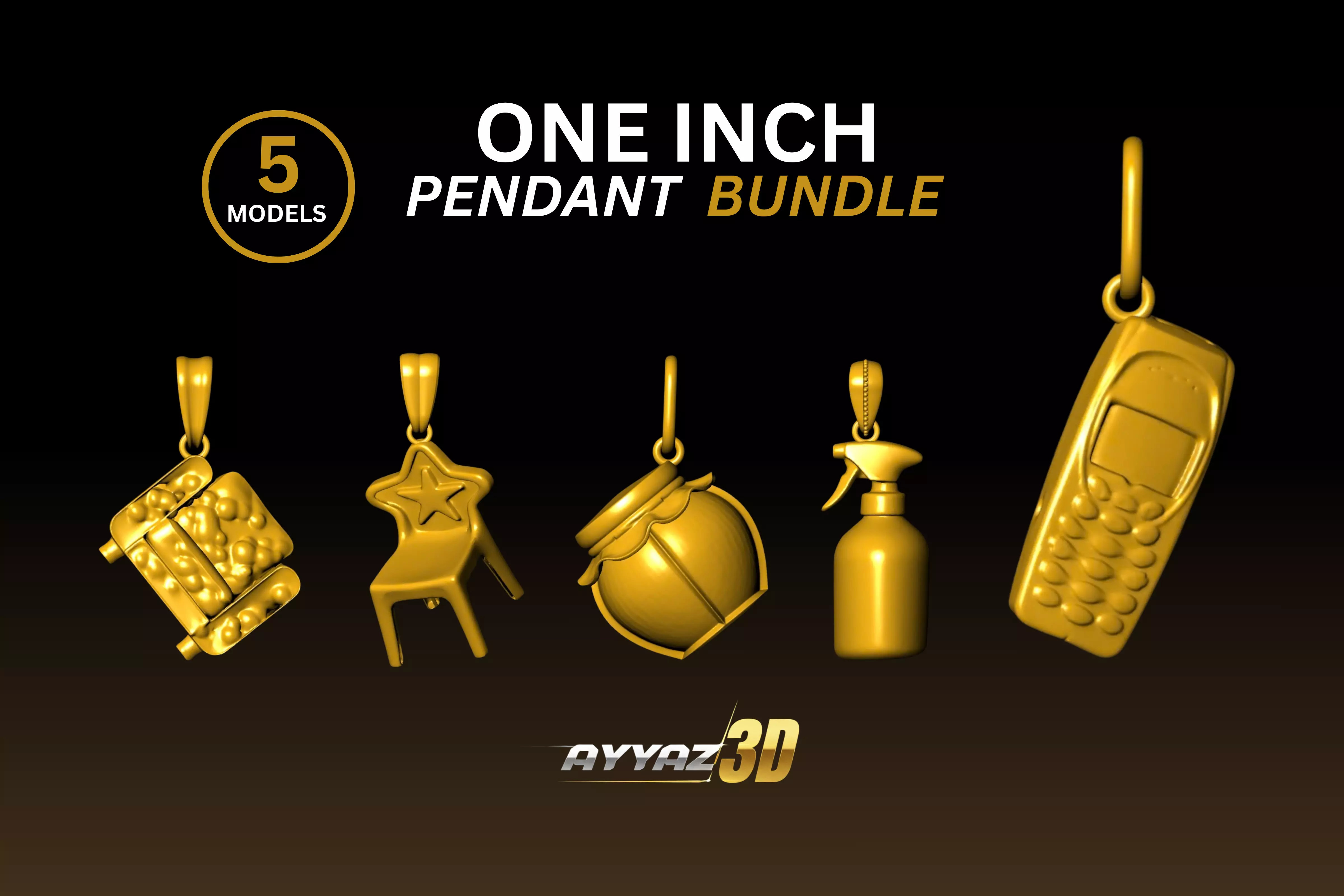 One Inch Object Pendant Bundle - 5 Everyday Charm Pendants Free 3D print model