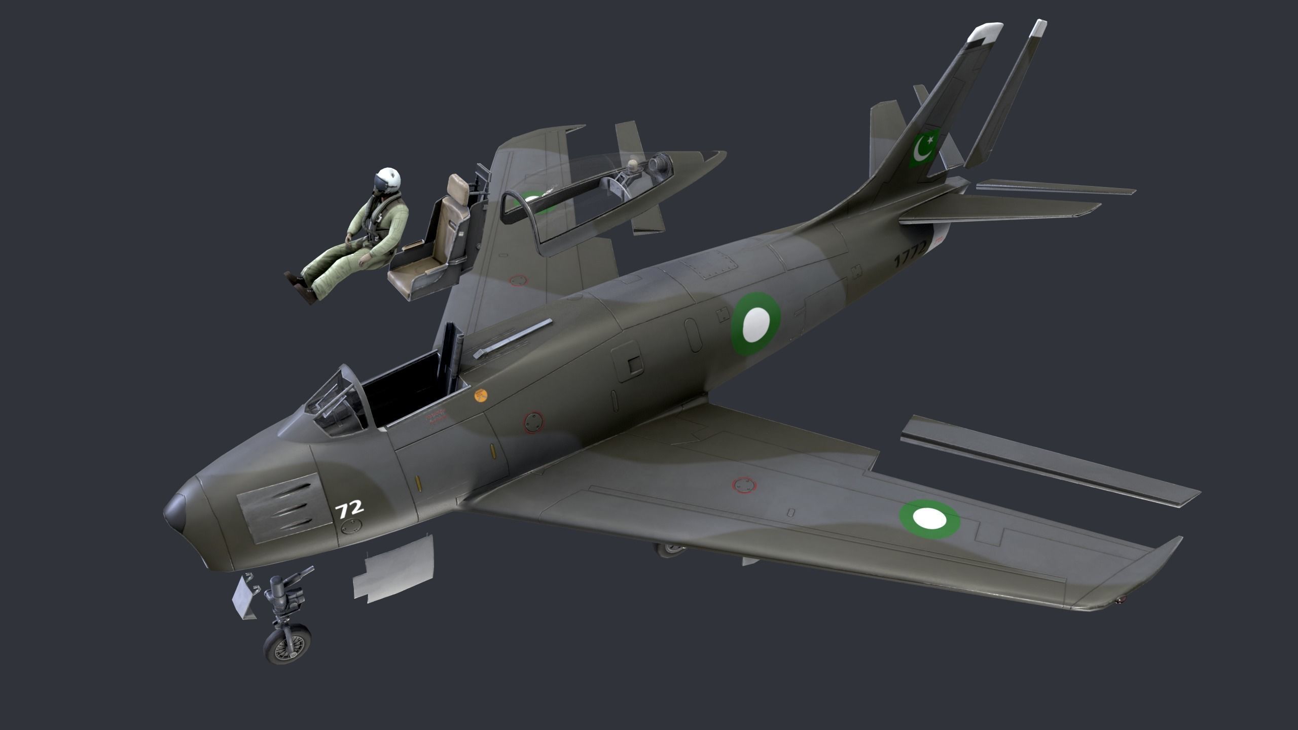 Lowpoly F-86 Sabre Jet Fighter with Pilot Low-poly 3D model_9