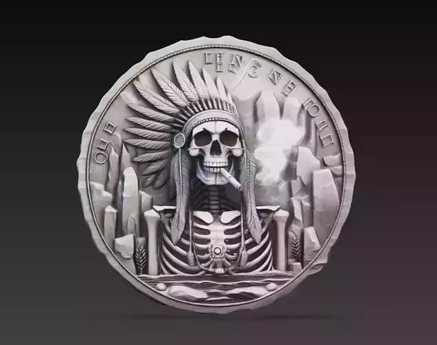 Smoking Skeleton Chief Coin Relief Sculpture 3D Model