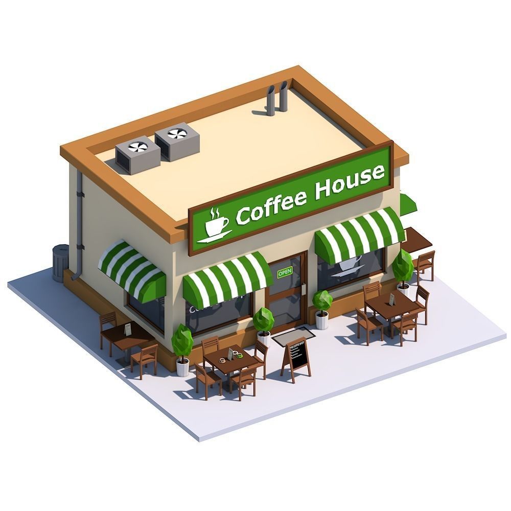 Low Poly Coffee House Low-poly 3D model_1