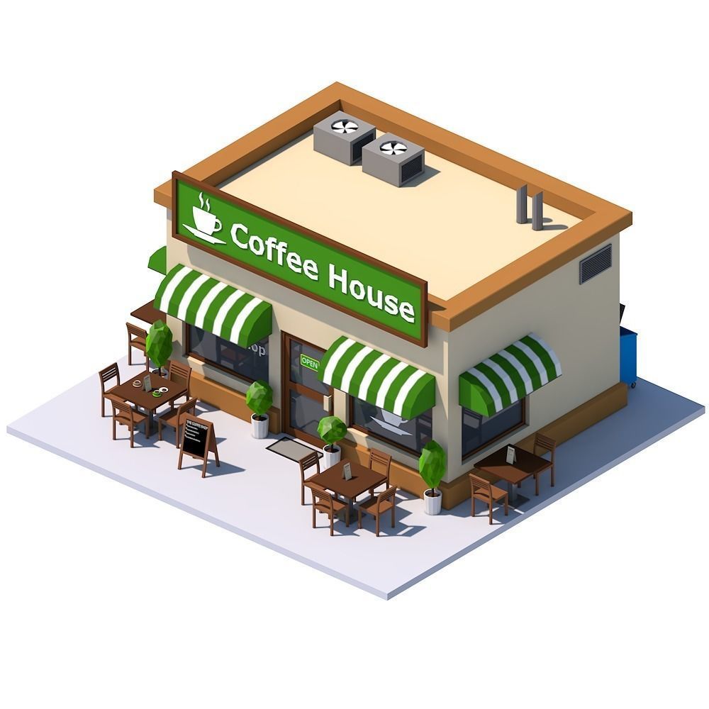 Low Poly Coffee House Low-poly 3D model_2