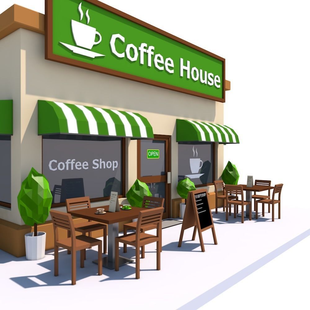 Low Poly Coffee House Low-poly 3D model_0