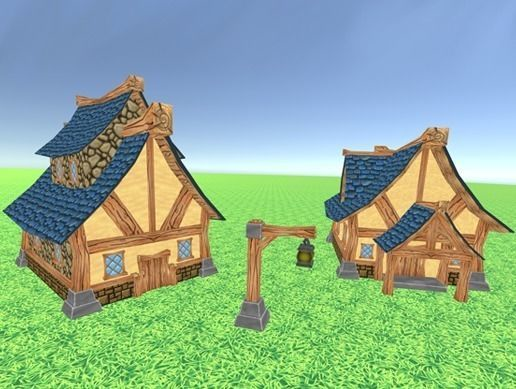 Lowpoly Fantasy Set two houses in minecraft Low-poly 3D model