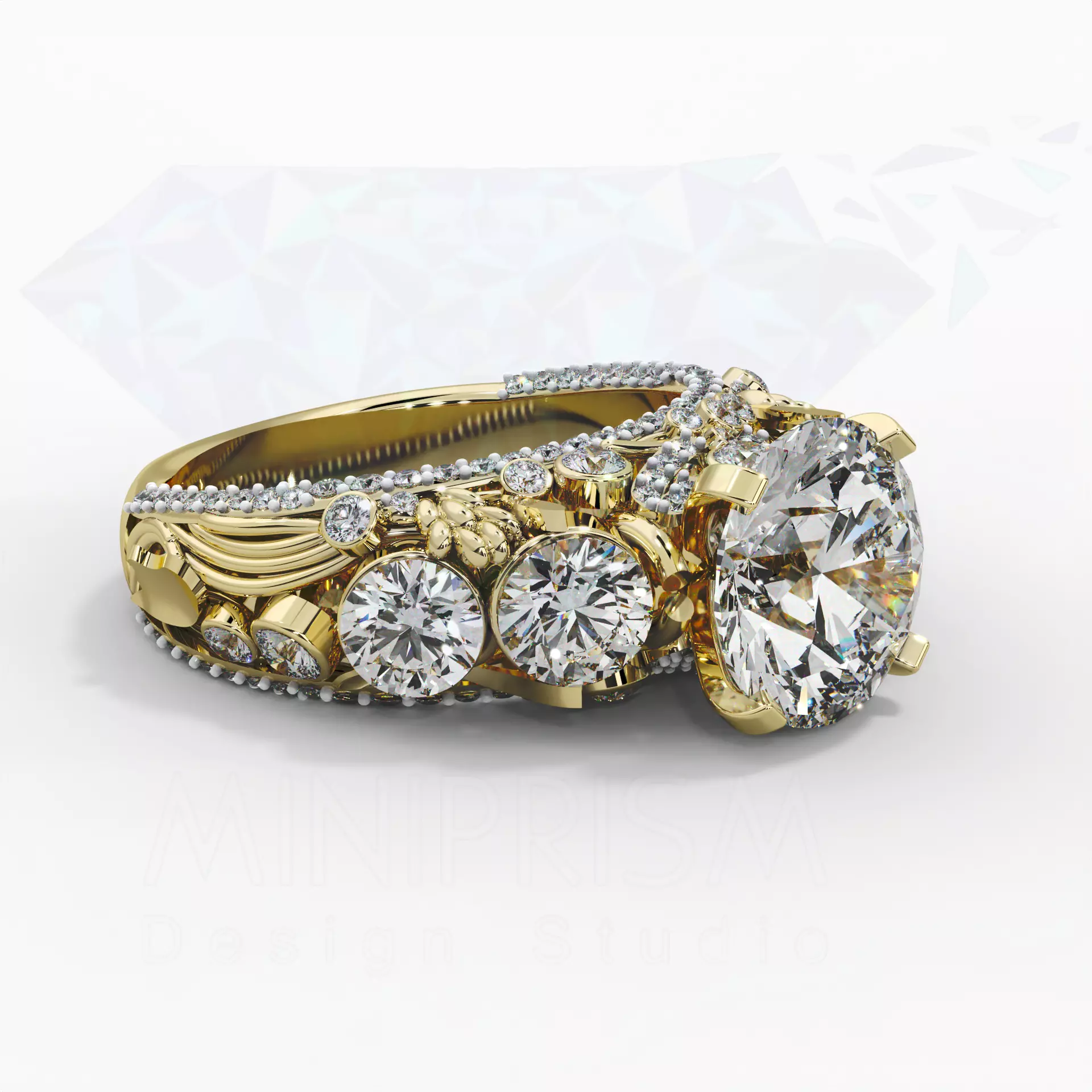 Vintage Three Stone Diamond Engagement Ring 3D model