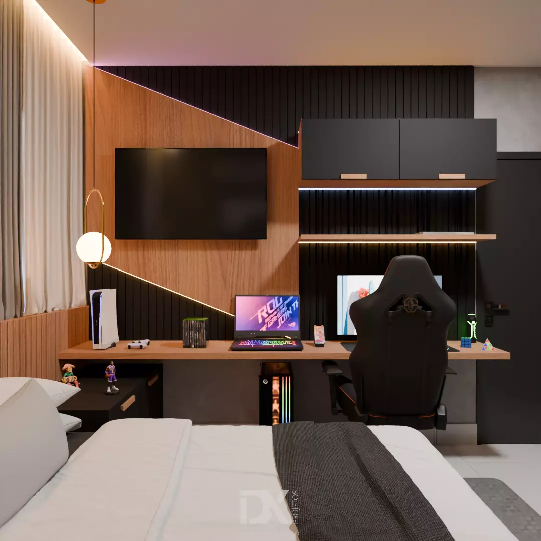 Contemporary Bedroom with Home Office and Gaming Setup 3D model