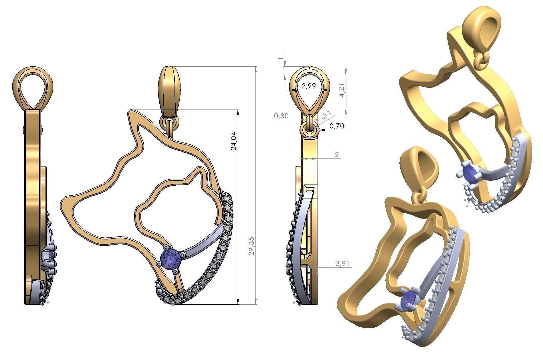 Pendant dog gold with topaz 3D print model_9