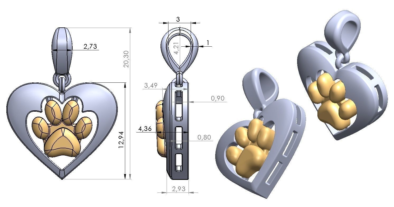 Pendant heart shaped with paw 3D print model_8
