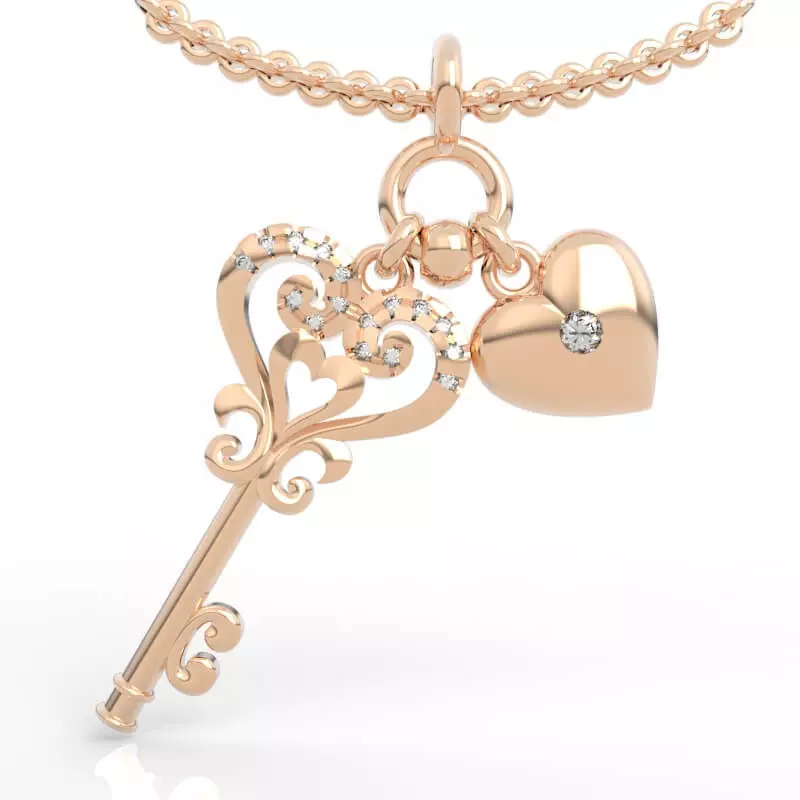 Stunning Filigree Heart Key Diamond Charm Necklace 3D print model