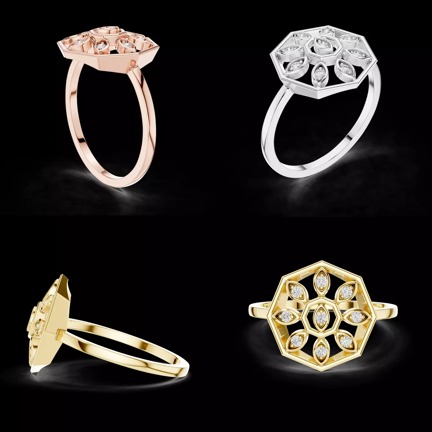 Hexagon Floral Diamond Ring CAD Design for Jewelry 3D Print 3D print model