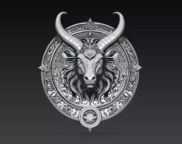 Mythological Horned Bull Medallion Relief 3D Model