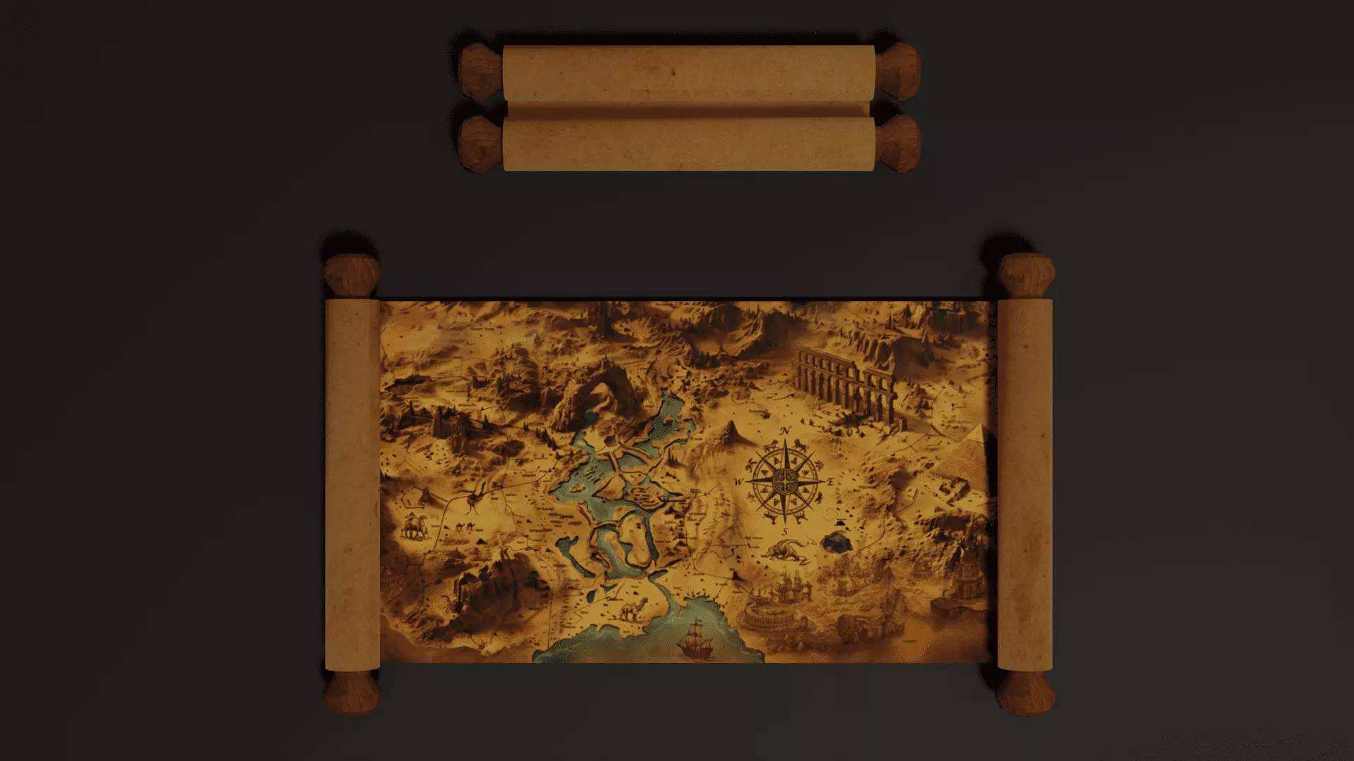 Ancient Fantasy World Map Scroll Open and Closed Low-poly 3D model