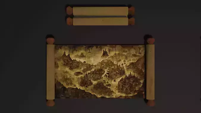 3D model Ancient Fantasy World Map Scroll Open and Closed VR / AR / low ...