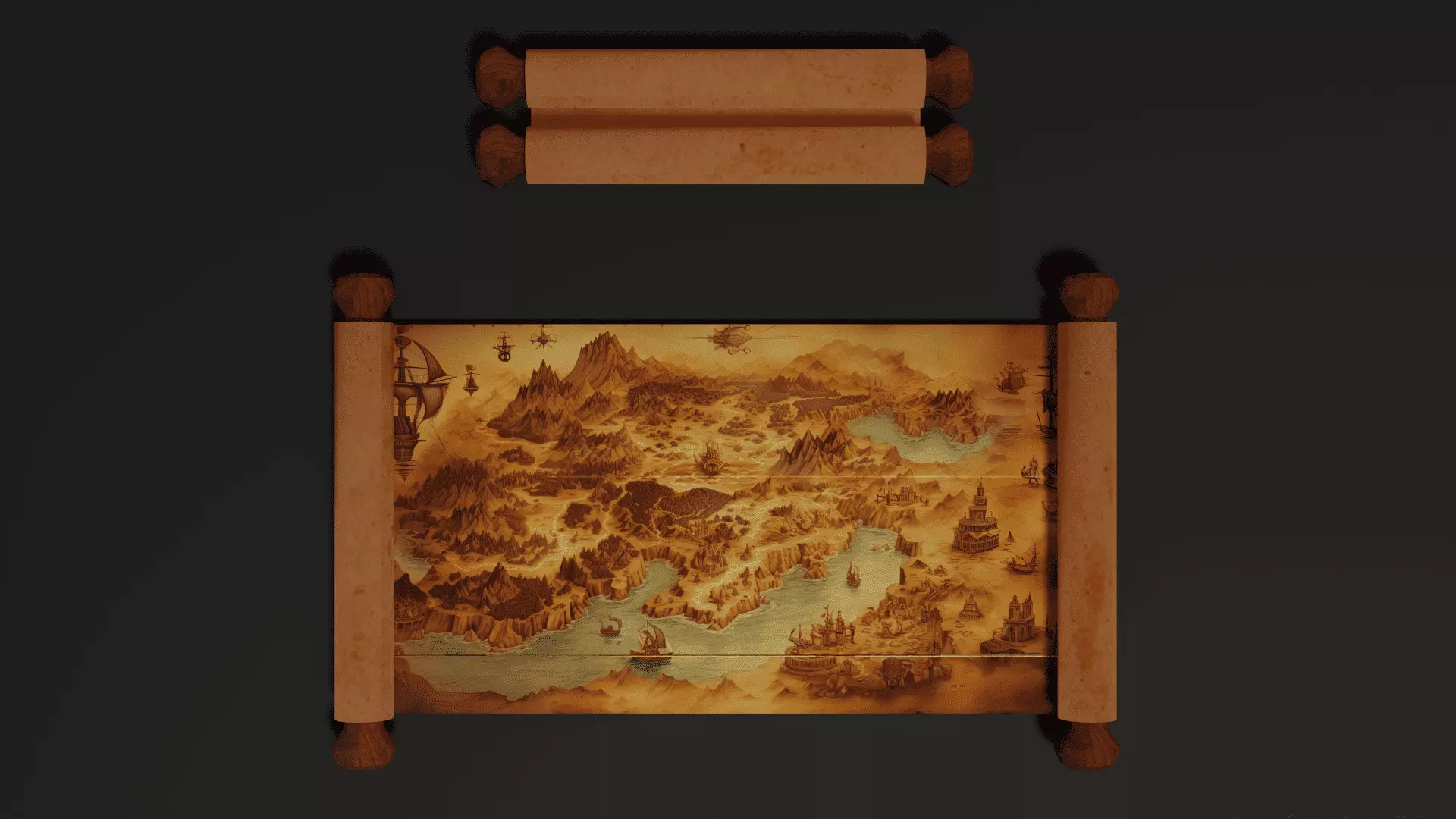 3D model Ancient Fantasy World Map Scroll Open and Closed VR / AR / low ...
