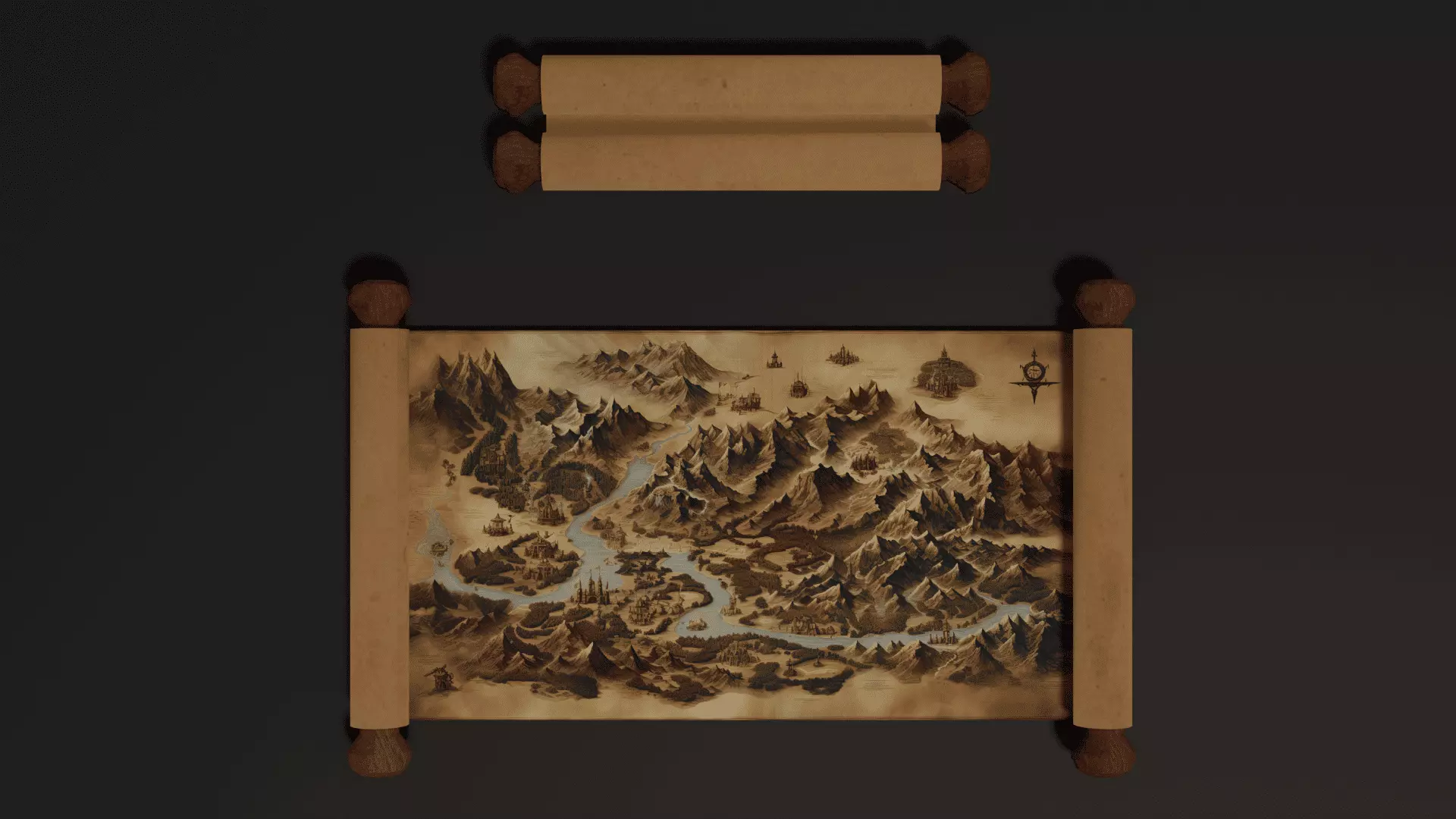 3D model Ancient Fantasy World Map Scroll Open and Closed VR / AR / low ...