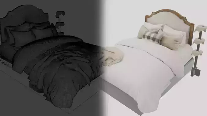 Classic Upholstered Bed - High-Poly Realistic Furniture 3D Model 3D model