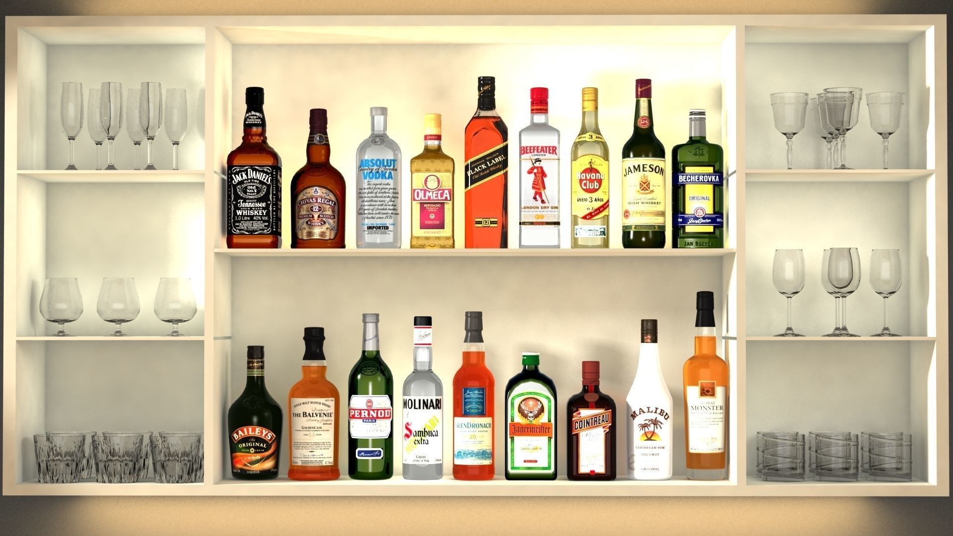 Liquor Bottles With Bar Unit Interior Low-poly 3D model_1