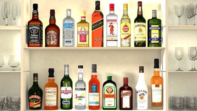Liquor Bottles With Bar Unit Interior Low-poly 3D model