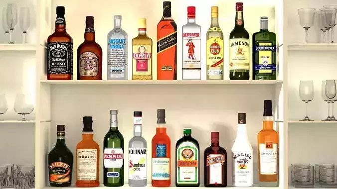 Liquor Bottles With Bar Unit Interior Low-poly 3D model
