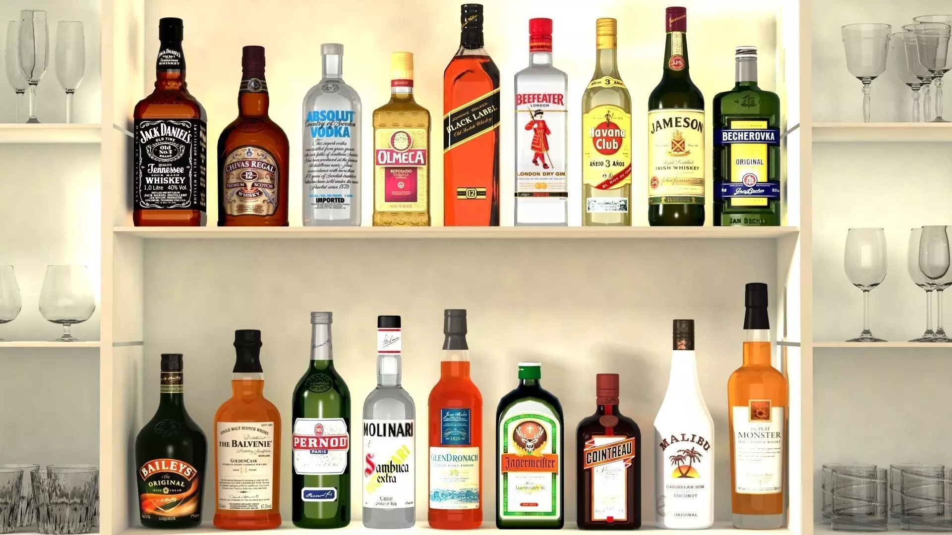 Liquor Bottles With Bar Unit Interior Low-poly 3D model_0