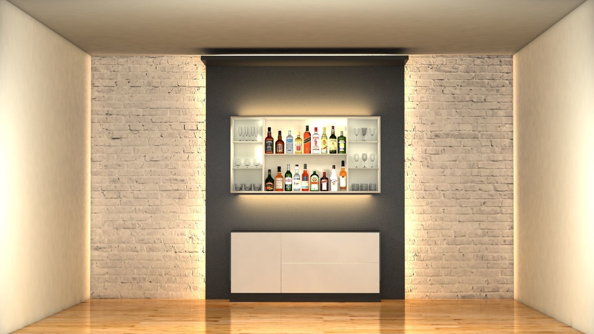 Liquor Bottles With Bar Unit Interior Low-poly 3D model_11