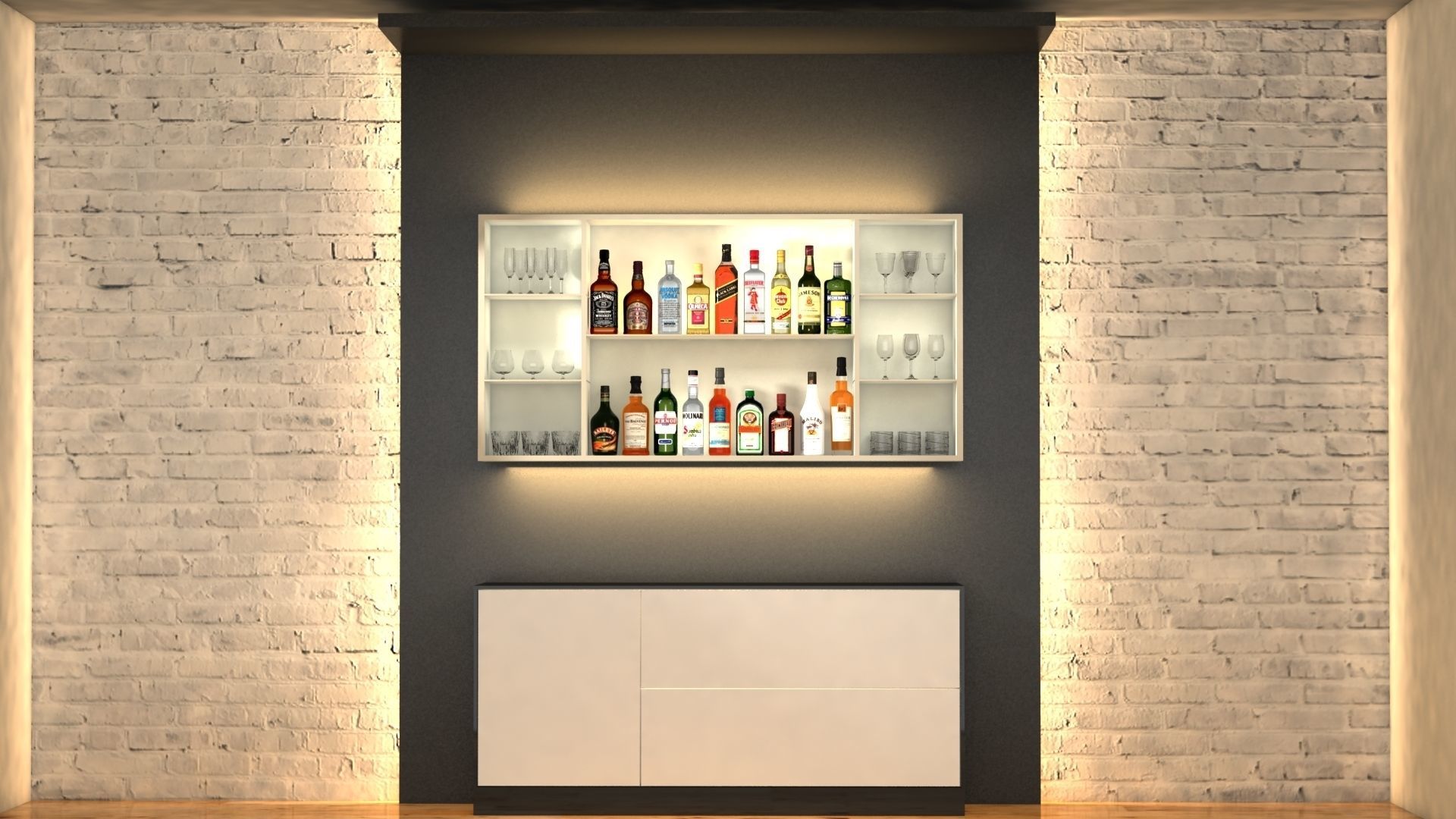 Liquor Bottles With Bar Unit Interior Low-poly 3D model_10