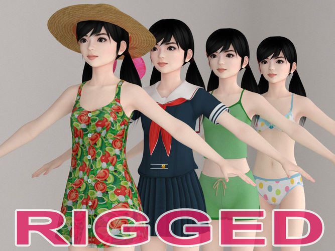 T pose rigged model of Manami with various outfit 3D model