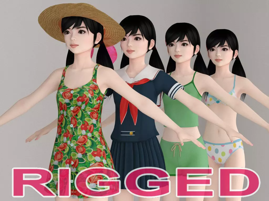 T pose rigged model of Manami with various outfit 3D model_0