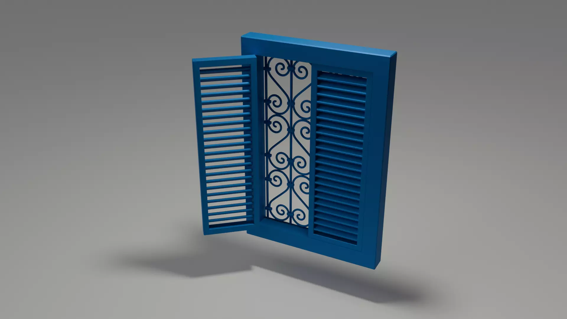 Tunisian Blue Wooden Window with Wrought Iron Swirls Free 3D model