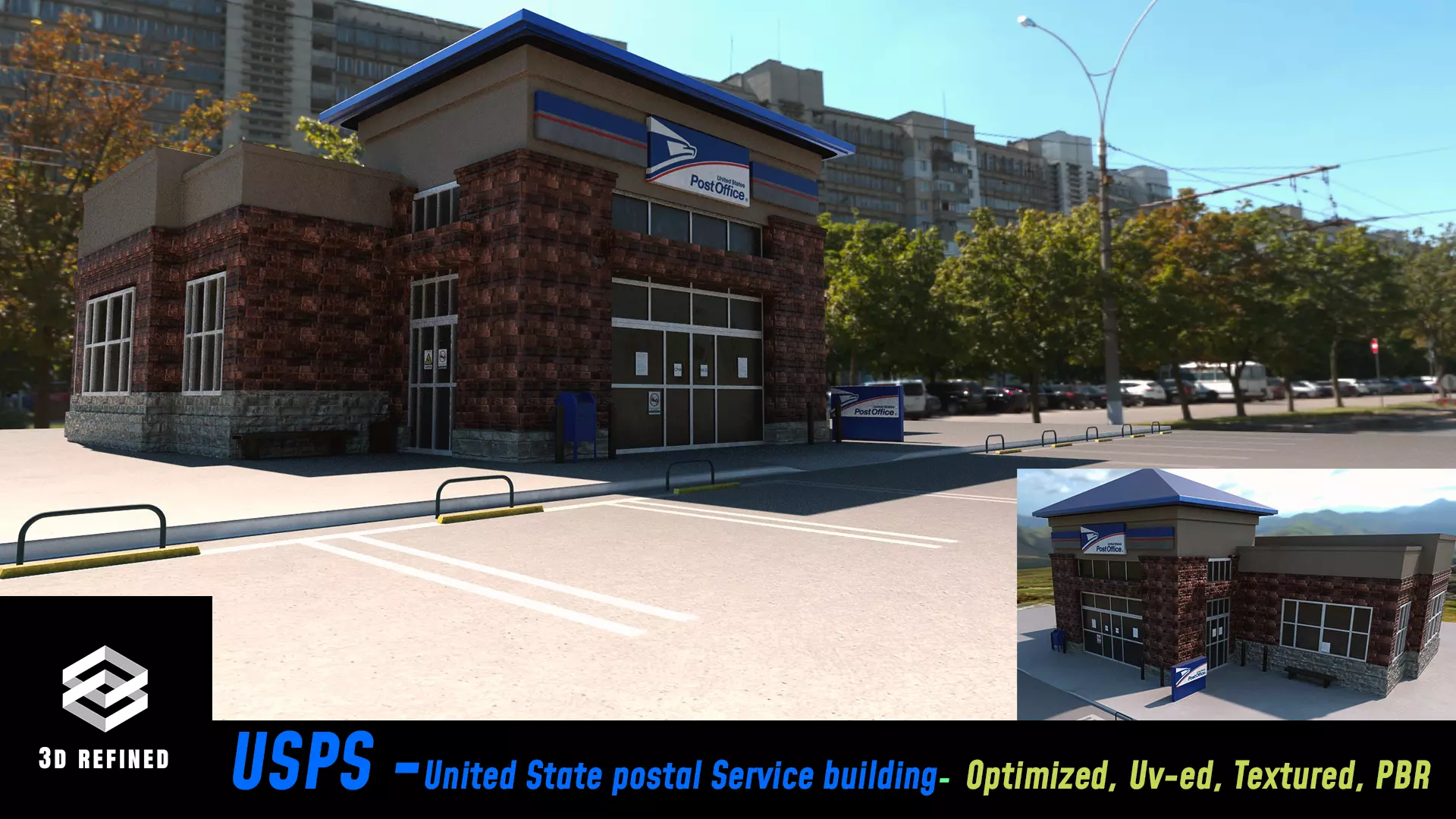 USPS and parking lot - Realistic and PBR Low-poly 3D model