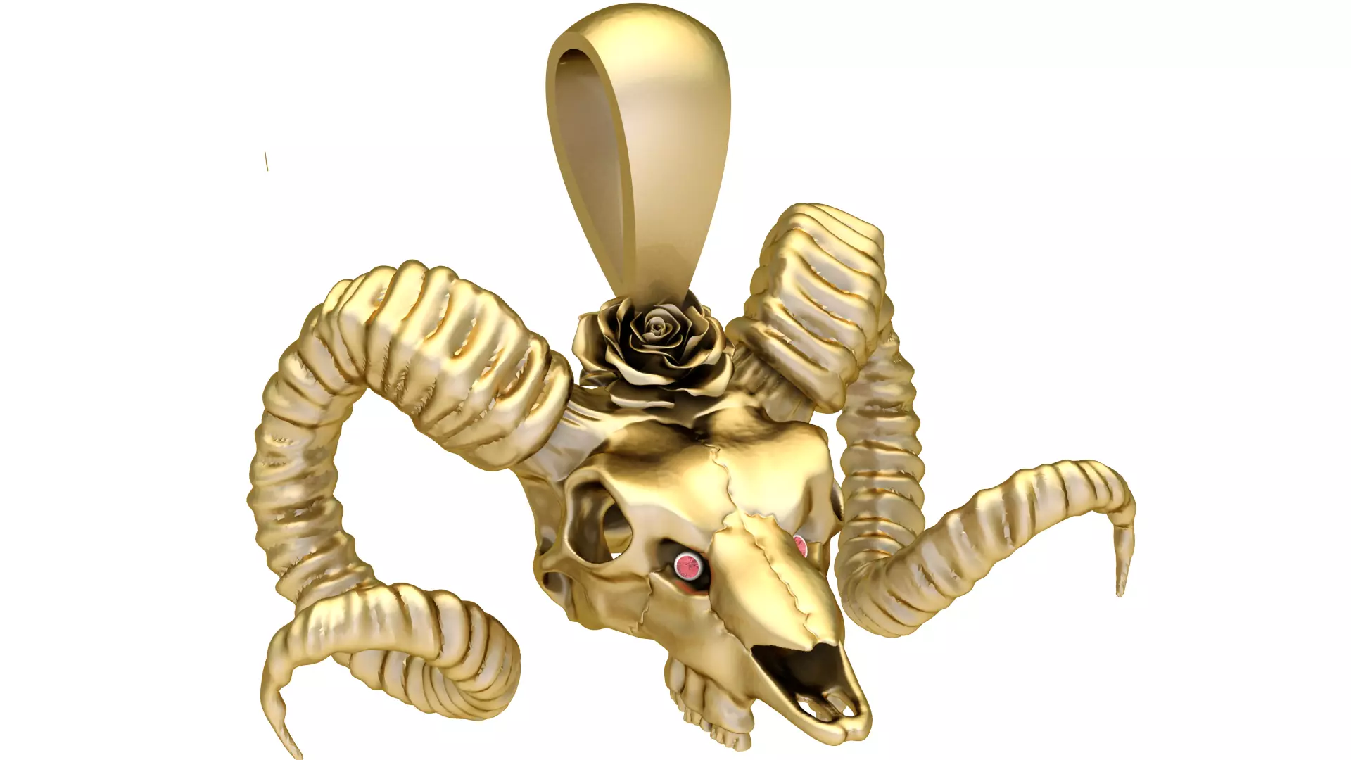 Gothic Edgyn Gilded Ram Skull Rose Pendant with Ruby Eyes 3D print model