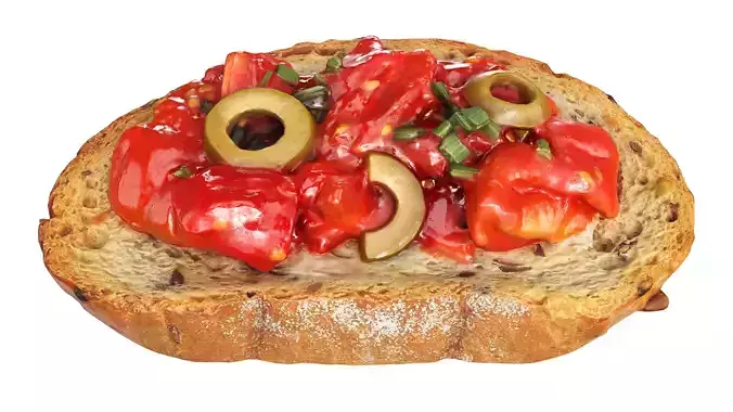 Bruschetta stuffed with chopped tomatoes olives and green onion Low-poly 3D model 4