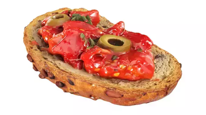 Bruschetta stuffed with chopped tomatoes olives and green onion Low-poly 3D model 3