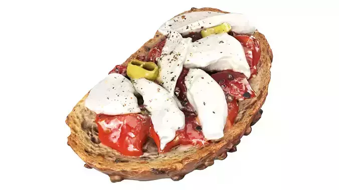 Bruschetta stuffed with chopped tomatoes and mozzarella cheese Low-poly 3D model