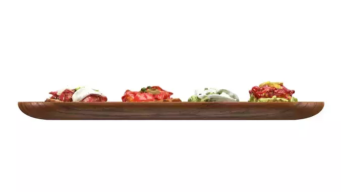 Bruschettas assorted on a wooden plate 3D model 6
