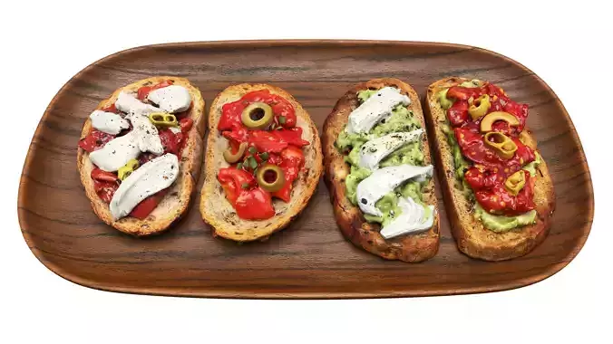 Bruschettas assorted on a wooden plate 3D model 4