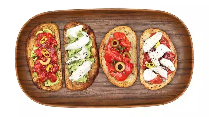 Bruschettas assorted on a wooden plate 3D model 7