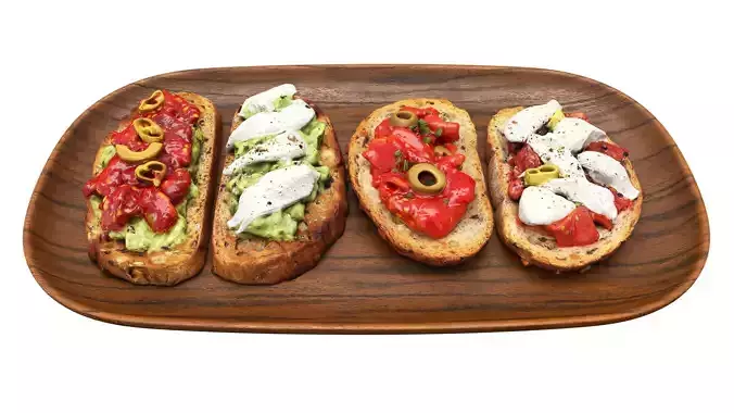 Bruschettas assorted on a wooden plate 3D model 2