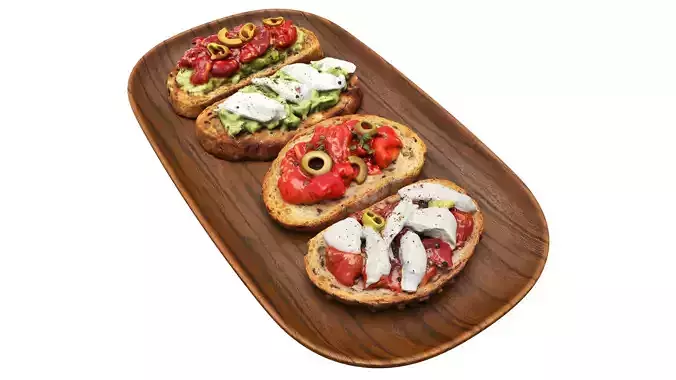 Bruschettas assorted on a wooden plate 3D model