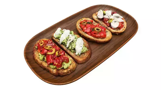 Bruschettas assorted on a wooden plate 3D model 3